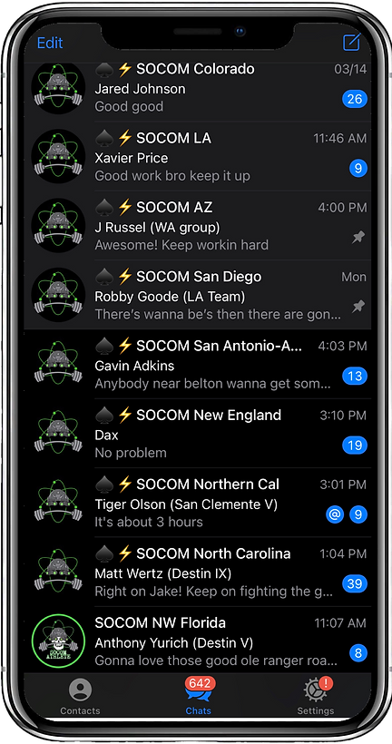 SOCOM Athlete regional group chats on a phone screen