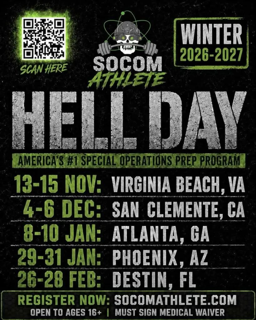 SOCOM Athlete Hell Day winter 2026-2027 calendar: Virginia Beach, San Clemente, Atlanta, Phoenix, Destin